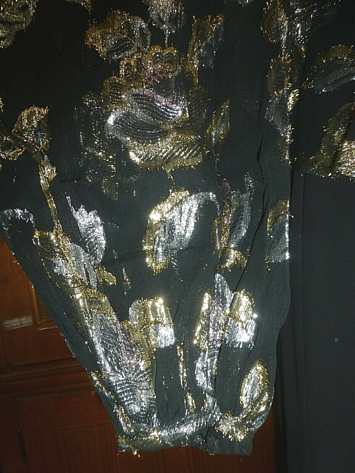 Vtg 80s METALLIC Lurex Lame Burnout Chiffon Balloon Slv Peplum Evening DRESS L