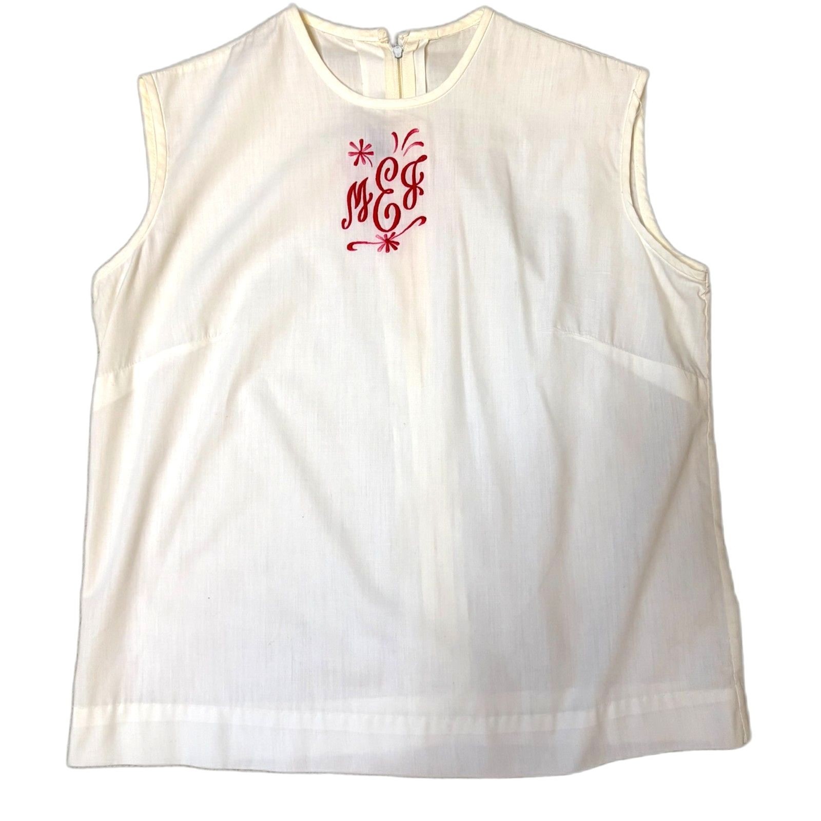 Vintage 60s Lady Palmland Miami White Sleeveless Blouse Red Monogram M E J Sz M