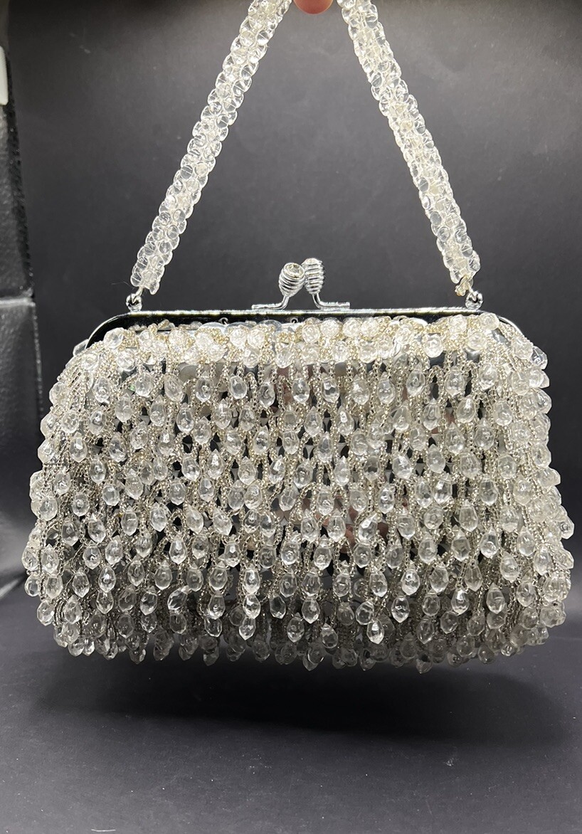 Vtg Beaded HandBag Silver & Clear Evening Purse Hong Kong Prom Wedding 60s 70s