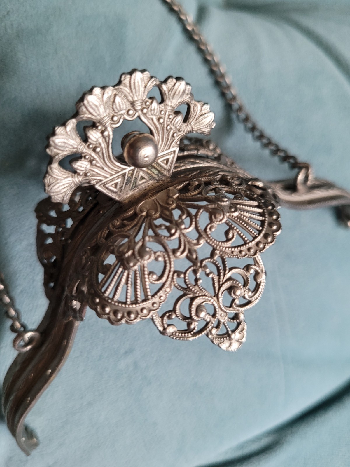 Antique Art Nouveau Ornate Filigree Silver Purse Frame Only w Stylized Flowers