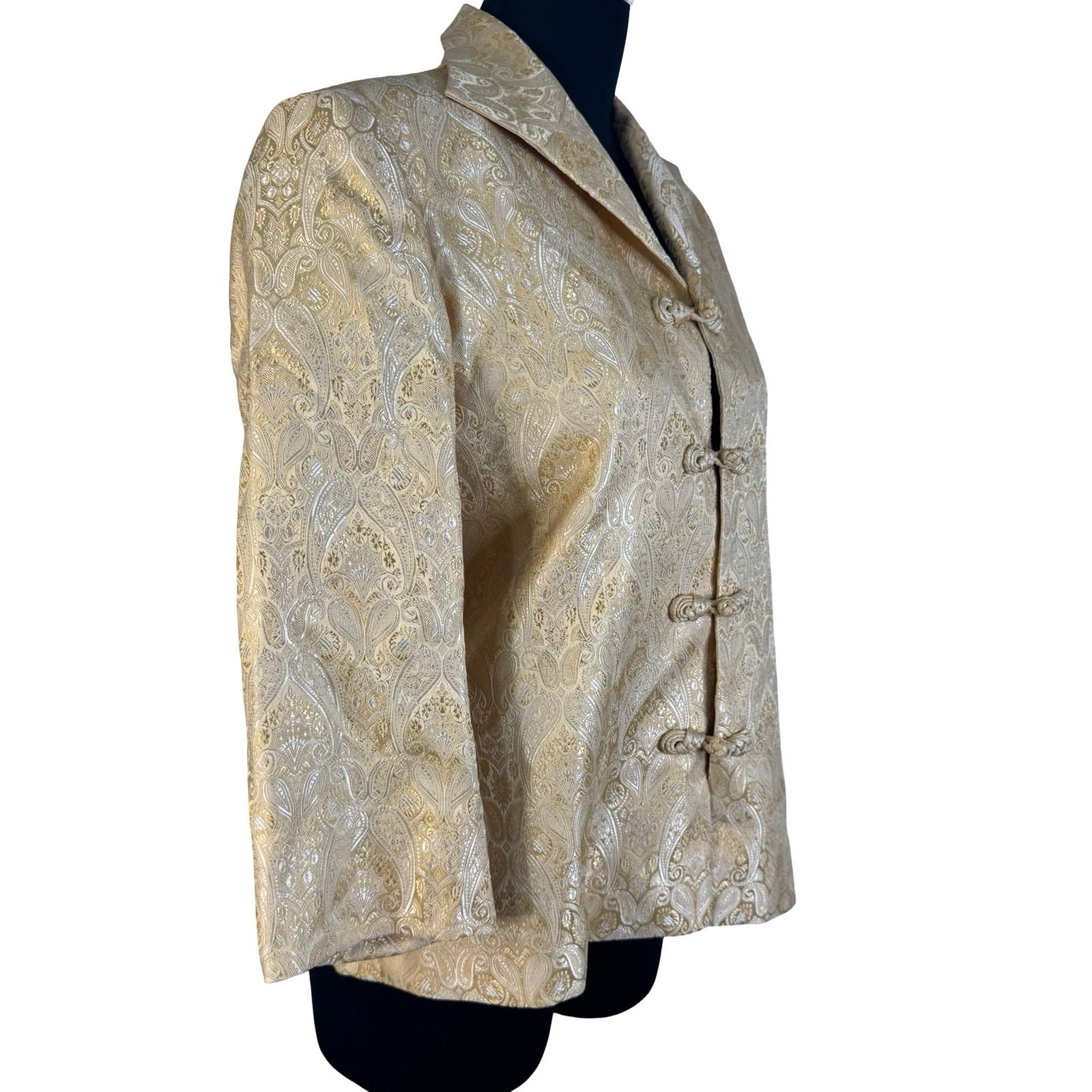 Vintage 80s 90s Champagne Gold Paisley Brocade Satin Frog Button Blazer Jacket