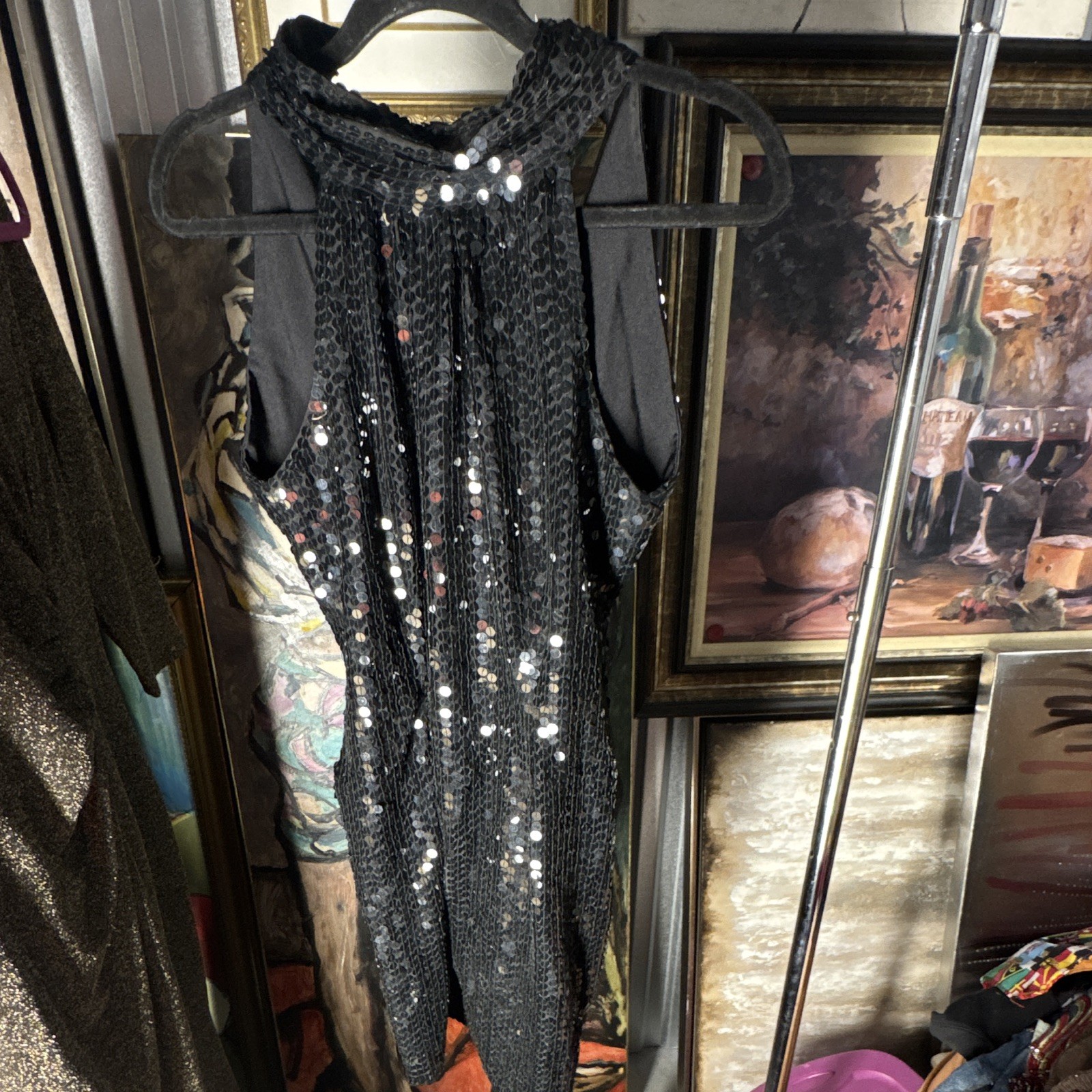 Vintage 1980s Black Sequin Mini Dress – Open Back Halter Neckline Sleeveless 90s