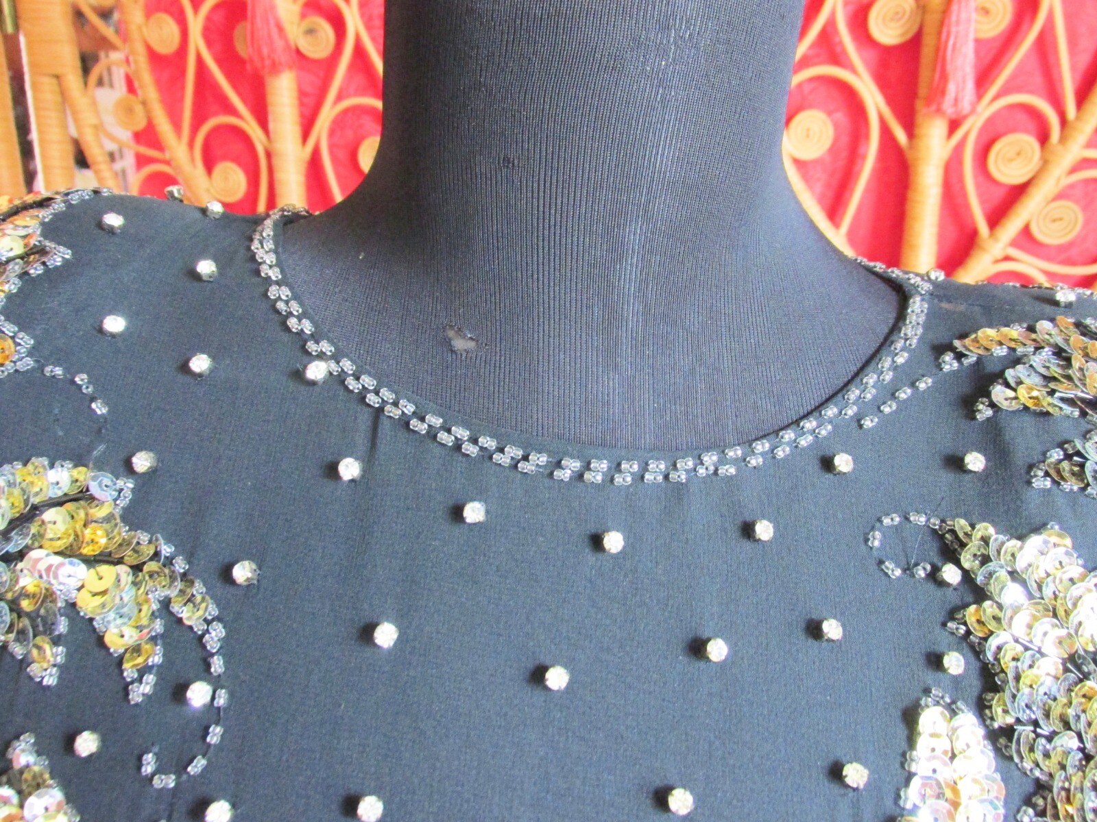 Niteline Black Silk Dress Silver & Gold Sequins Rhinestone Stud Sheer Neck SZ 4