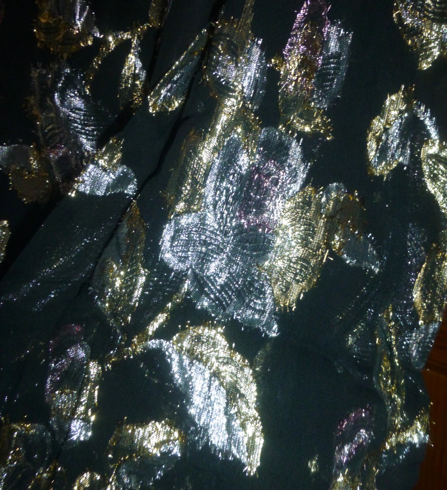 Vtg 80s METALLIC Lurex Lame Burnout Chiffon Balloon Slv Peplum Evening DRESS L