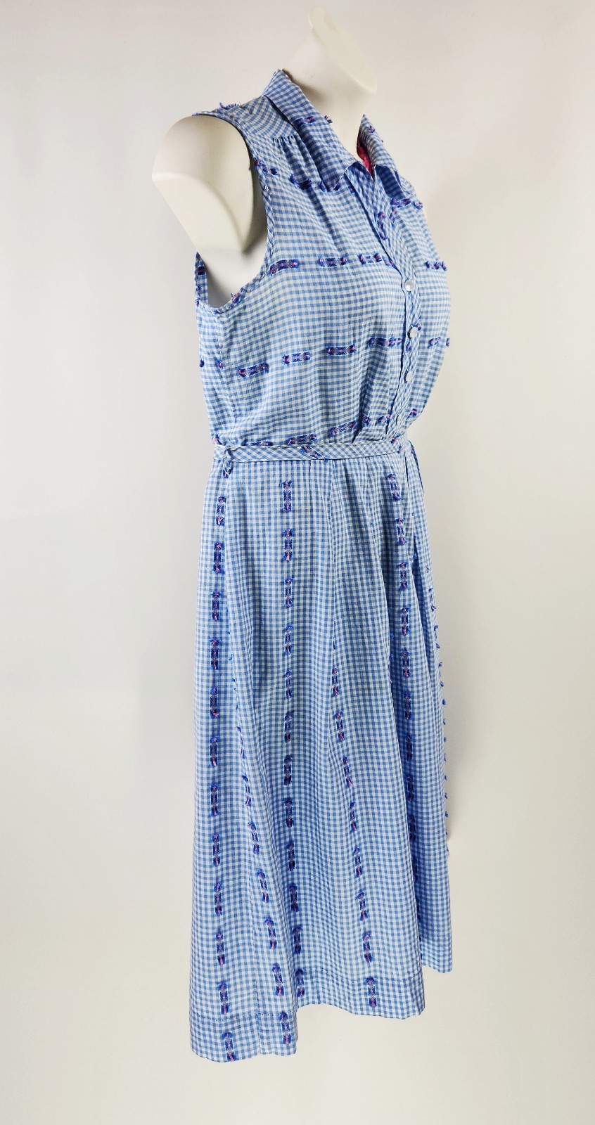 VTG 50S 60S SMALL Blue Gingham EMBROIDERED pink STRIPE ~house day work sun DRESS
