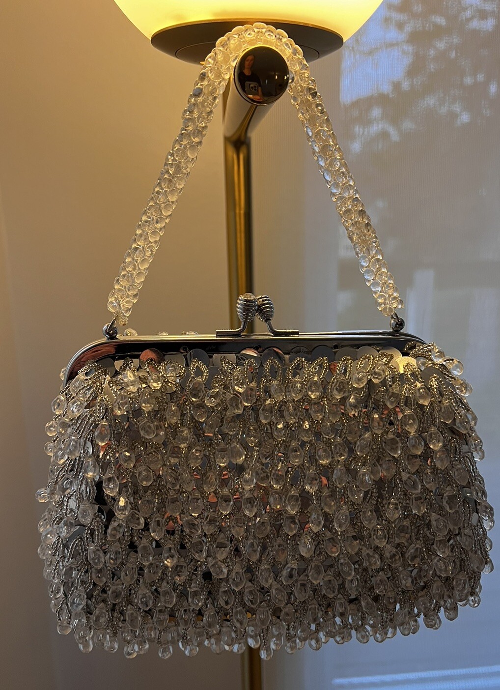 Vtg Beaded HandBag Silver & Clear Evening Purse Hong Kong Prom Wedding 60s 70s