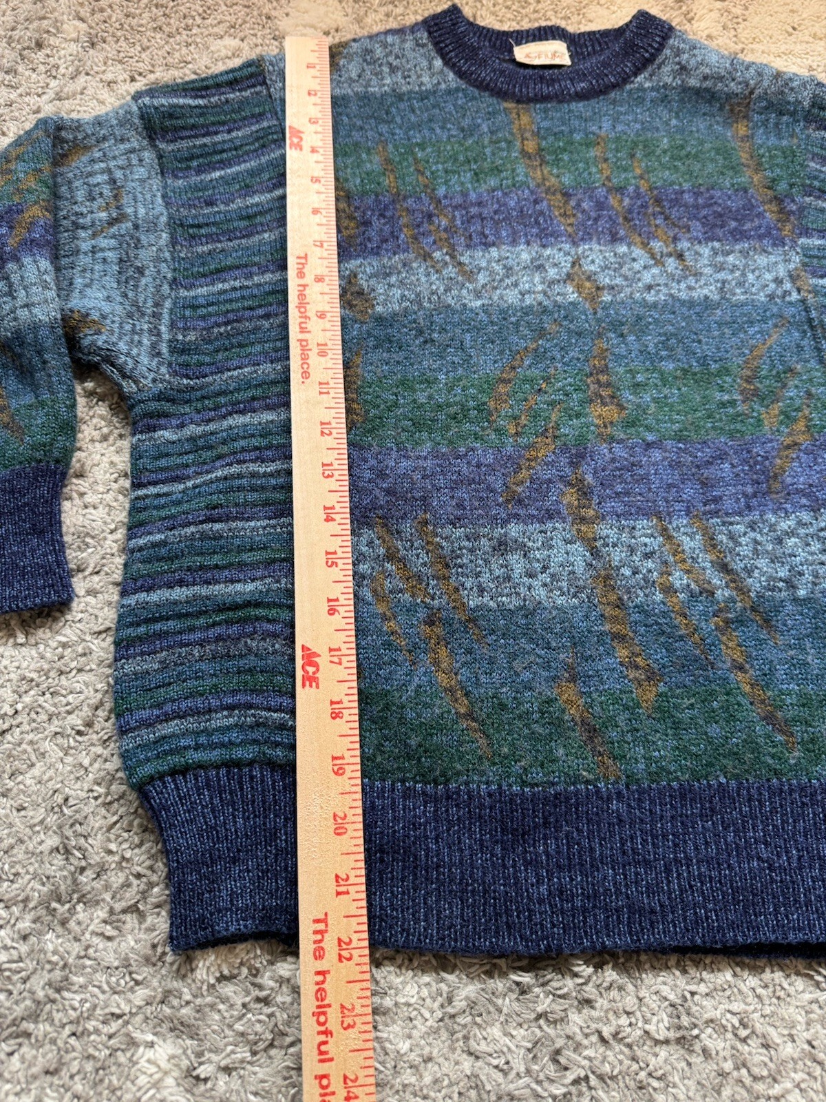 Vintage 80s Made In Italy FIUME Lambswool Sweater Blue Pattern Knit Size Small