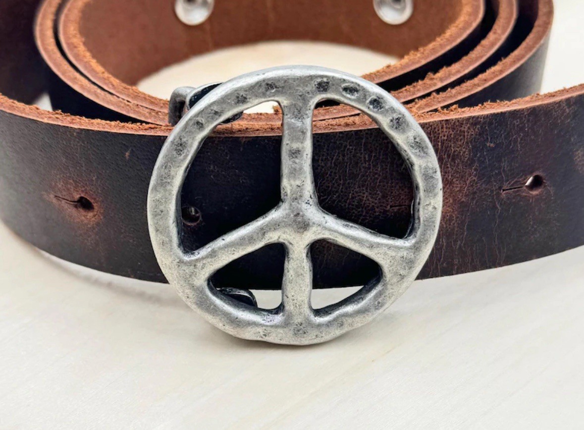 Dark Silver Peace Sign Belt Buckle: Boho Leather Belt Hardware