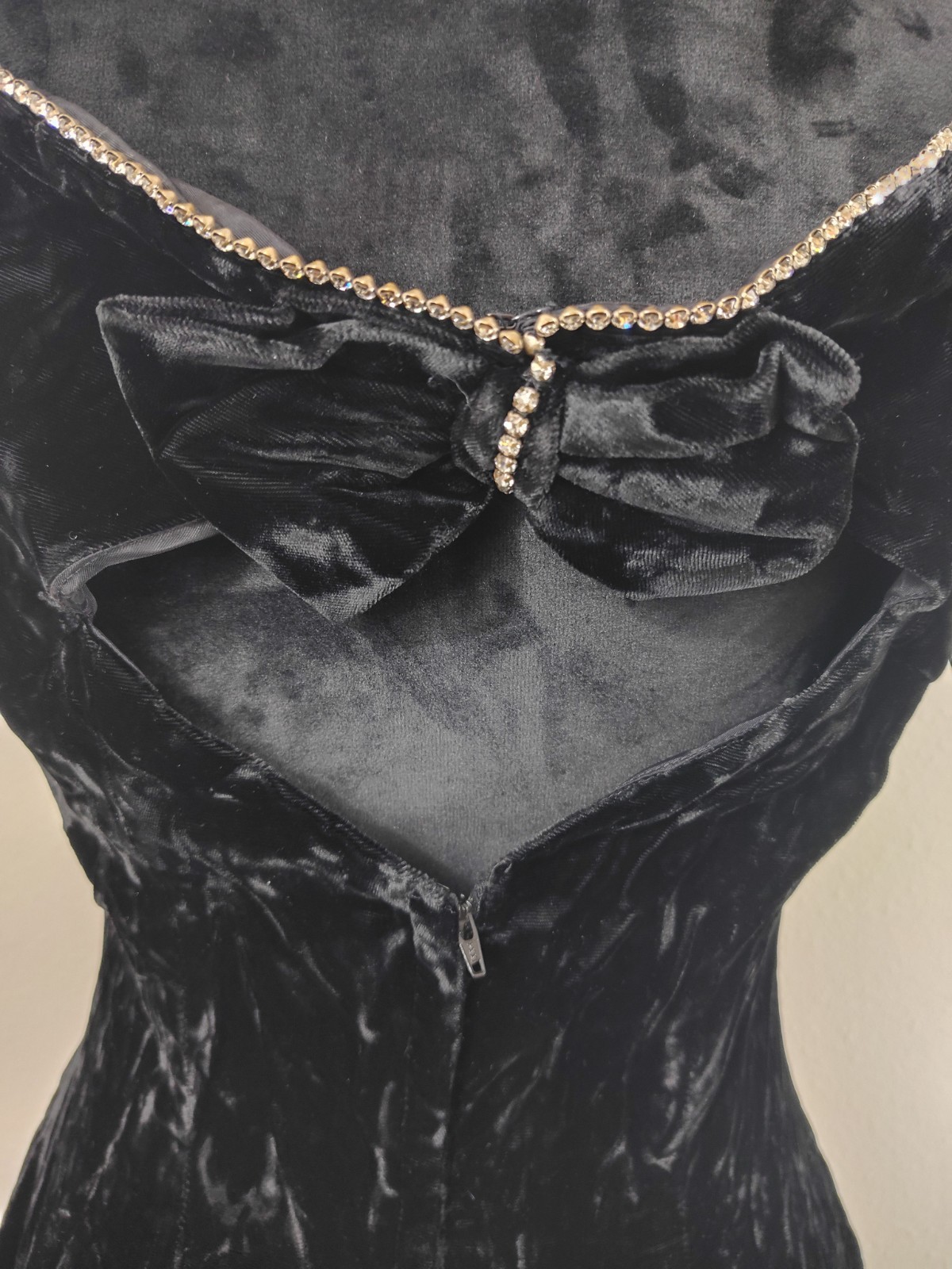VTG 80s ZUM ZUM Black Rayon Velvet Dress Rhinestone Bow Low Back Crinoline Goth