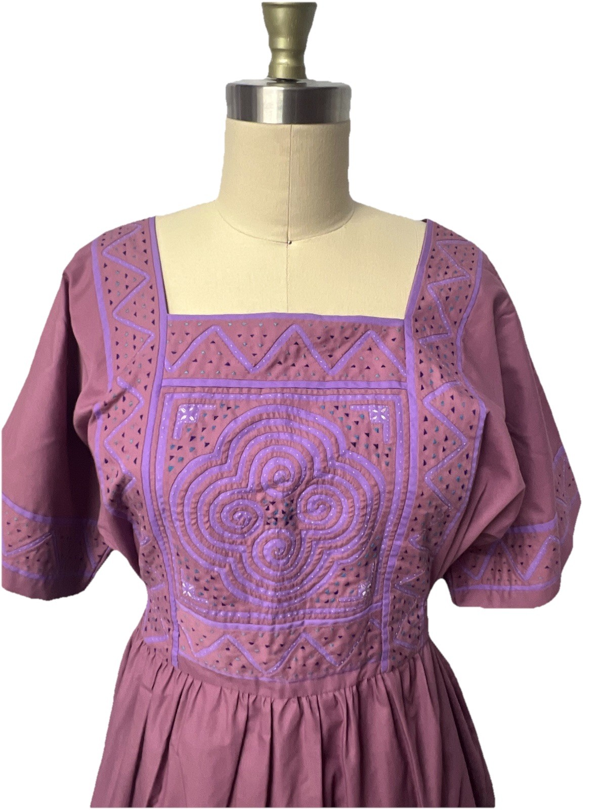 Vintage Folk Art 70s Dress Purple Quilted Tie Waist Maxi Midi Boho Caftan Cotton