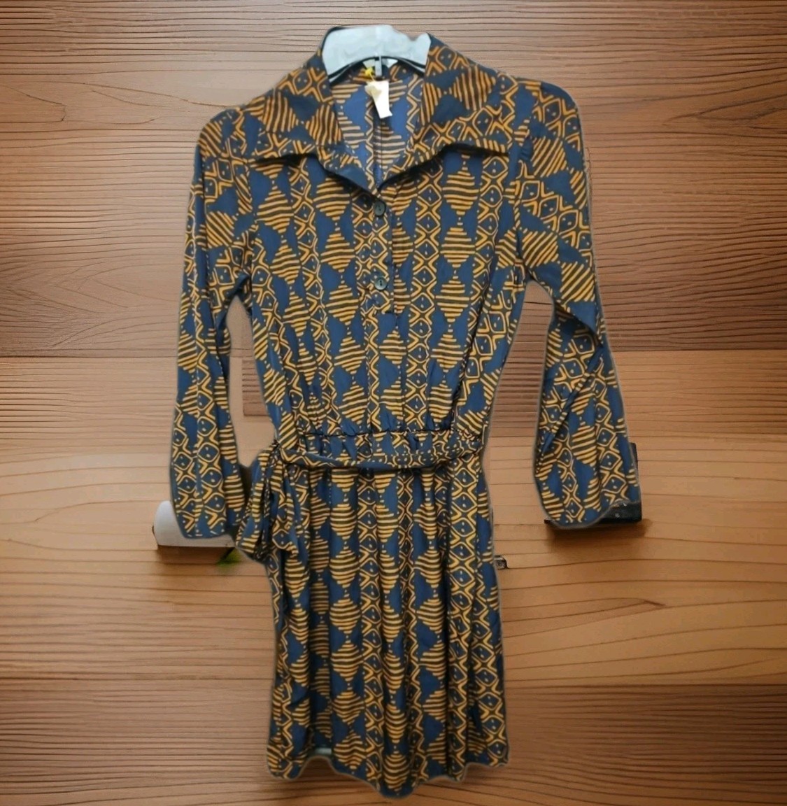 Vtg 70s 80s Midi Shirt Dress S Bown Navy Retro Geometric Print Secretary Office