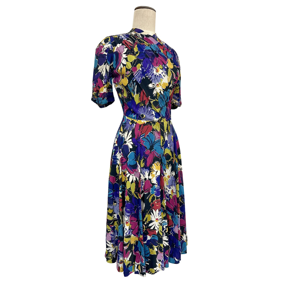 Vintage 1940s Rayon Jewel Toned Screenprinted Floral A-line Day Dress
