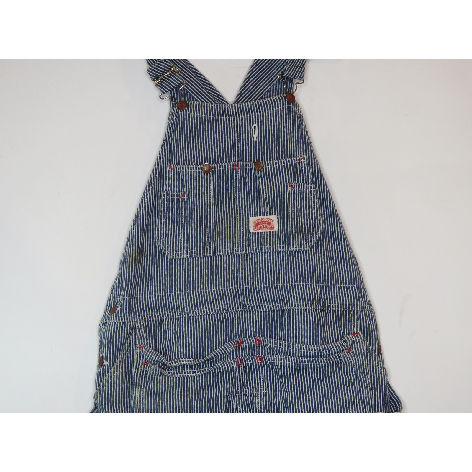 Vintage Round House Bib Overalls 38×32 Blue White Striped Straight Leg Outdoor