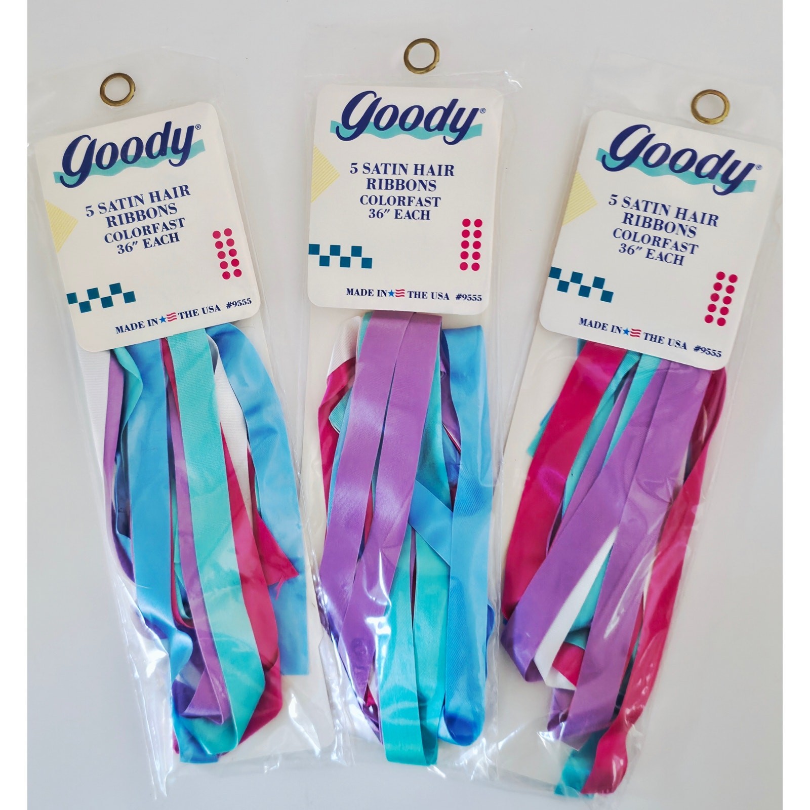 VINTAGE *NEW* 1989 Goody Satin Hair Ribbons Colorfast 36″ # 9555 Set of 15 USA