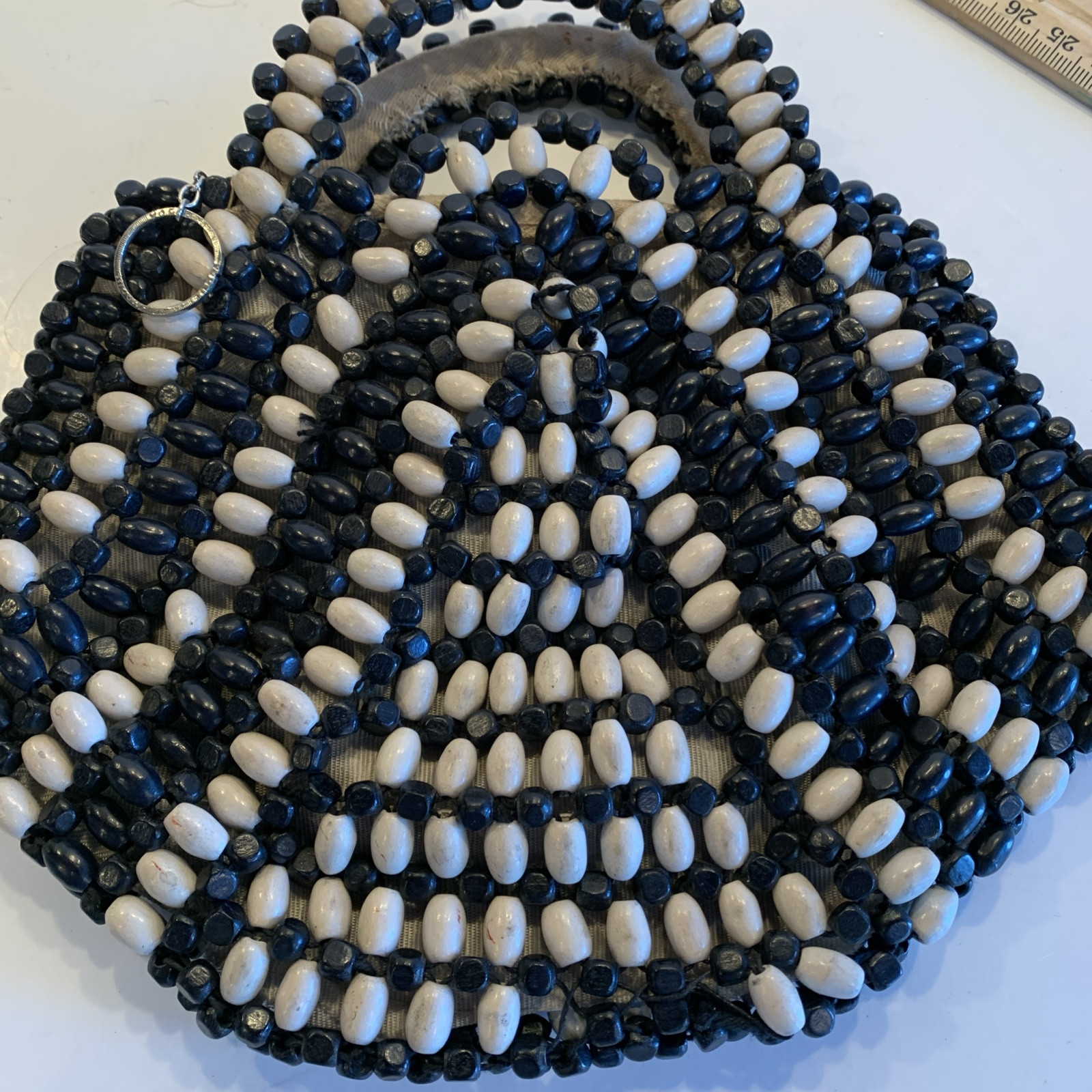 Art Deco Vintage Small Clutch Czech Black And White Wood Beads Zippered Purse
