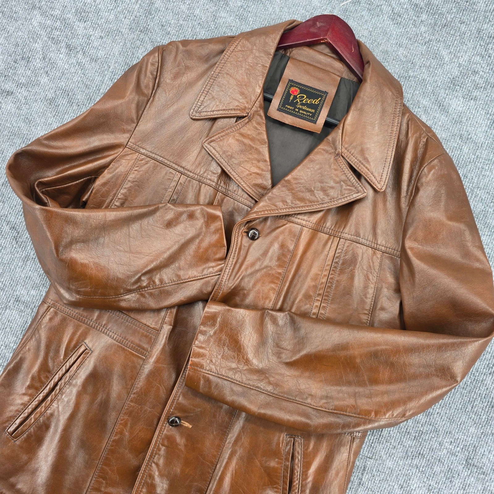 Reed Sportswear Vintage Brown Leather Car Coat Jacket 70s Belted Back Mens L