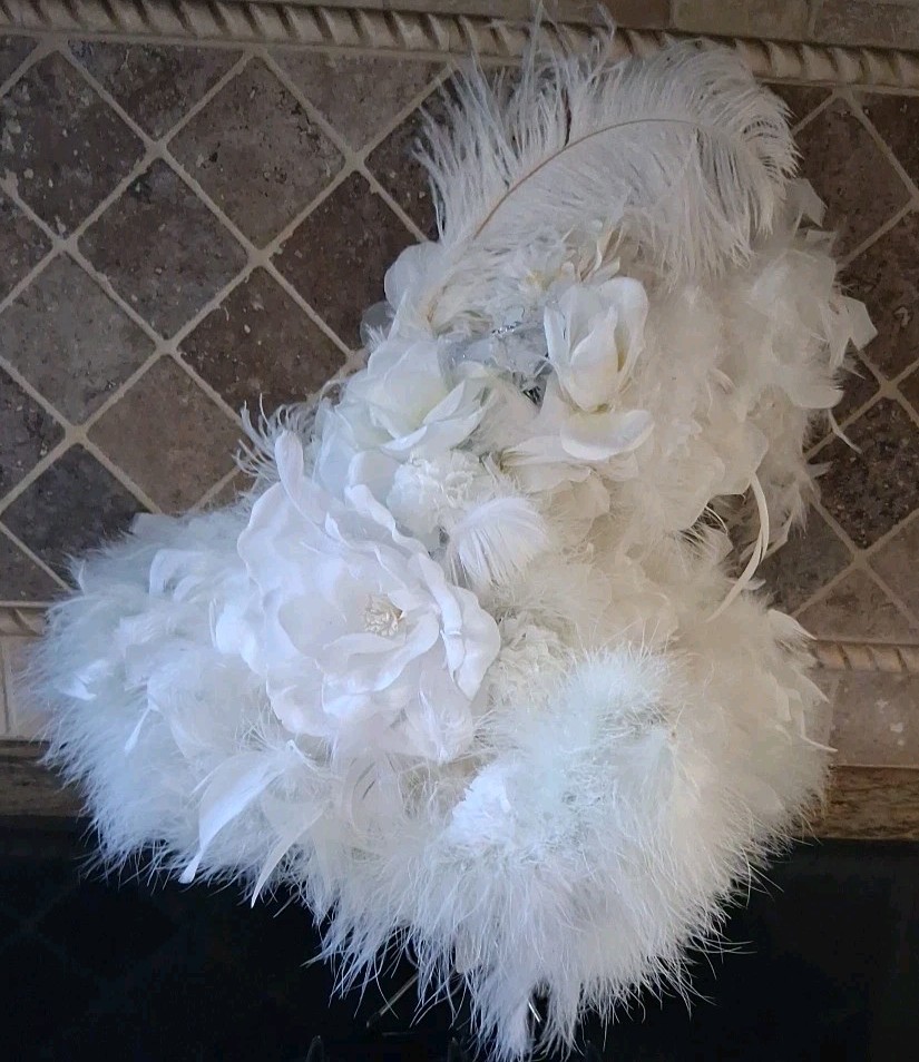 Vtg White Rose & Carnation w/ Feather Oblong Hat 23″ Long 16″ Across 14″ Tall