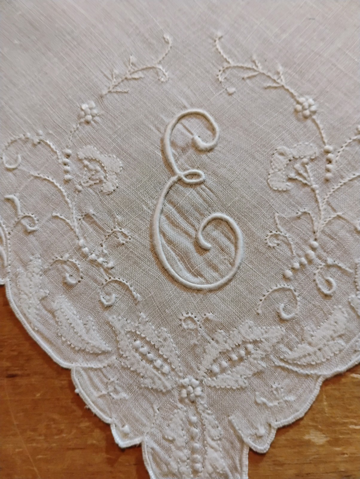 Vgt E Monogram White Embroidered White Linen Hankie Handkerchief
