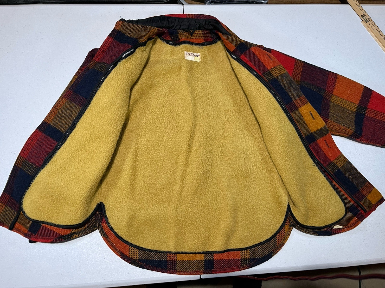 vtg 1970s Fox Knapp WOOL coat jacket SHERPA LINED orange plaid USA MADE women 16