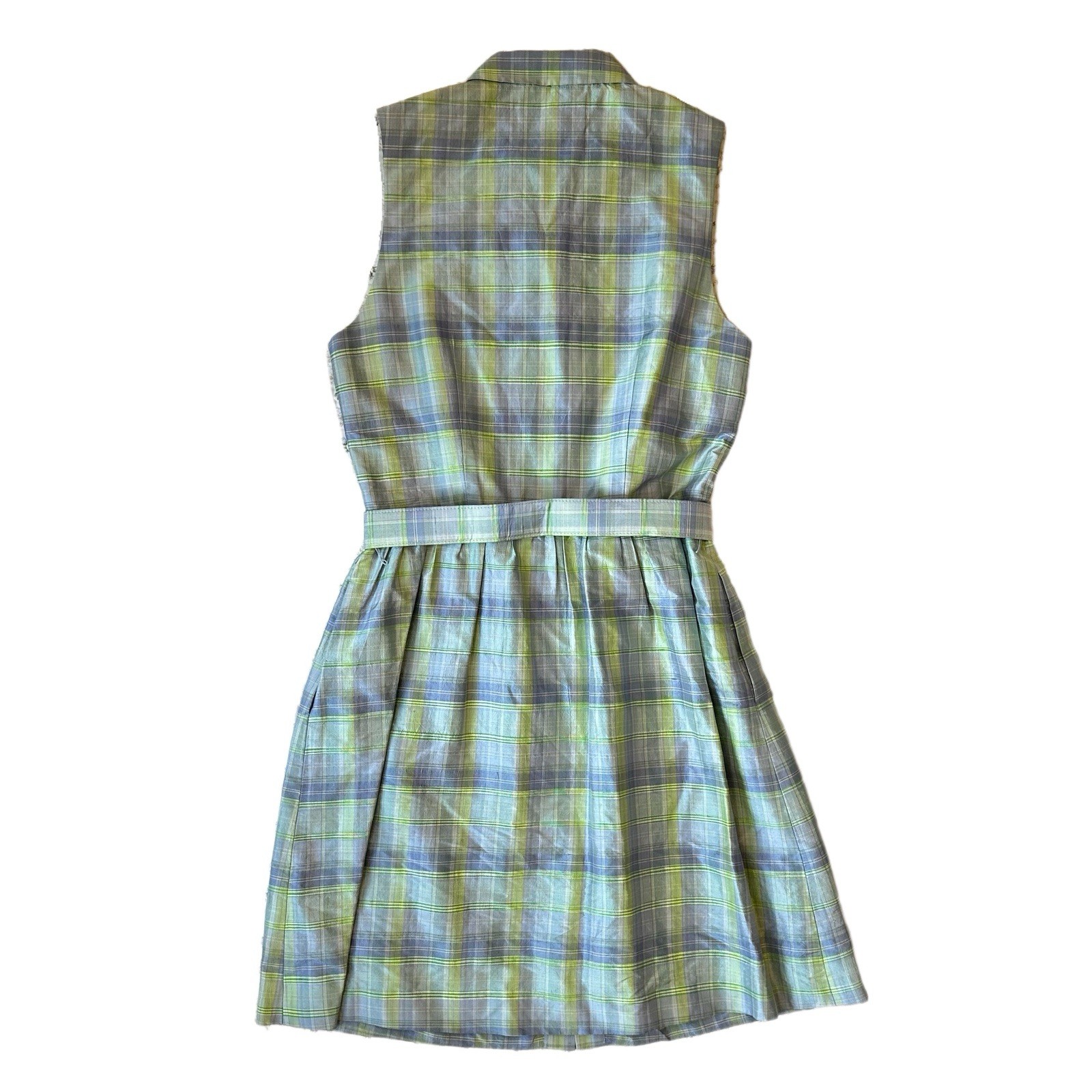 Vintage Works Saks Fifth Ave 100% Silk 10 Plaid Blue Grew Fit & Flare Dress Belt