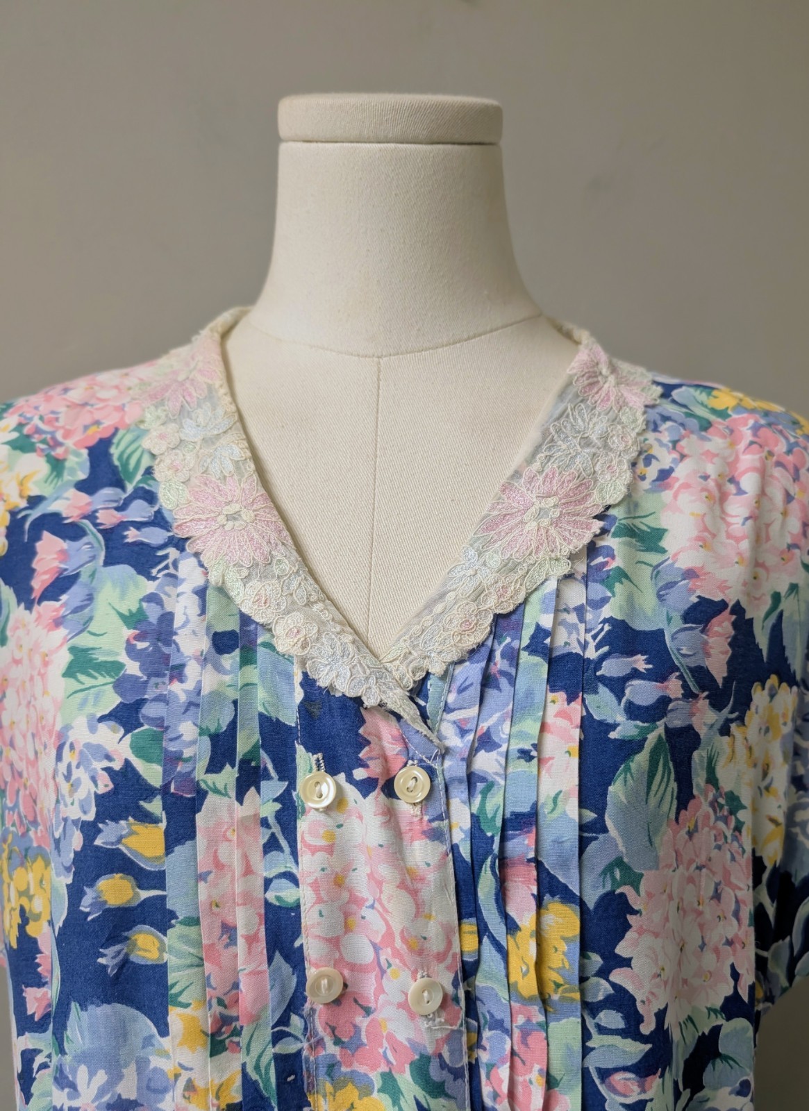 Vintage 80’s Rene Derhy Paris Floral Drop Waist Tie Dress Pintucks M