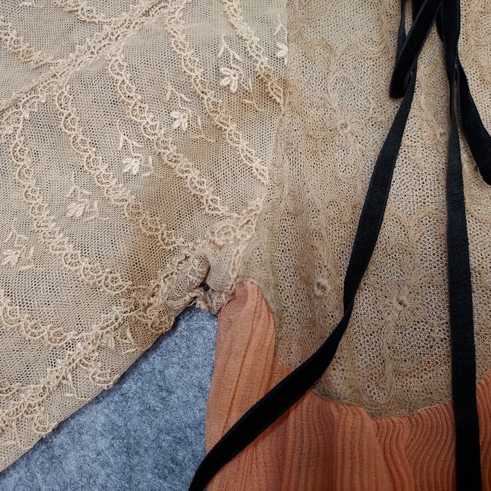 1910s Flapper Dress Lace Chiffon Authent Peach Sash Titantic True Vintage