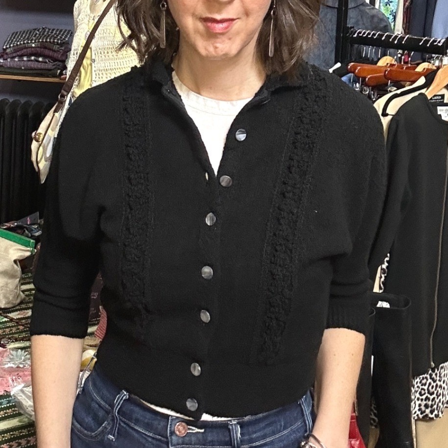 Vintage 1950 Bradley Knitwear Black 100% Zephyr Wool Dolman Cardigan Sweater S/M