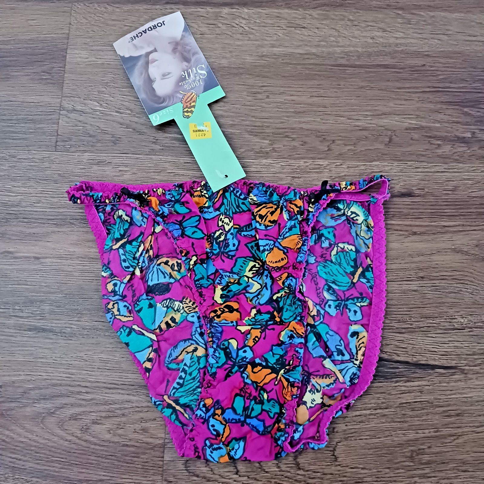 New Vintage Jordache 100% Washable Silk String Butterfly Bikini Panties Size 6