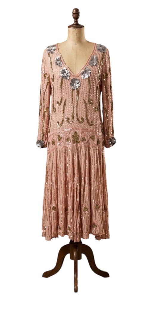 FLAPPER 1920’S GELATIN SEQUIN + BEAD BLUSH PINK SILK DRESS MADE IN INDIA LARGE