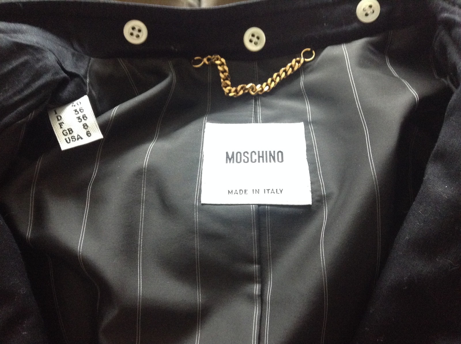Vintage MOSCHINO Black Military Style Jacket Epaulets Striped Lining sz US 6