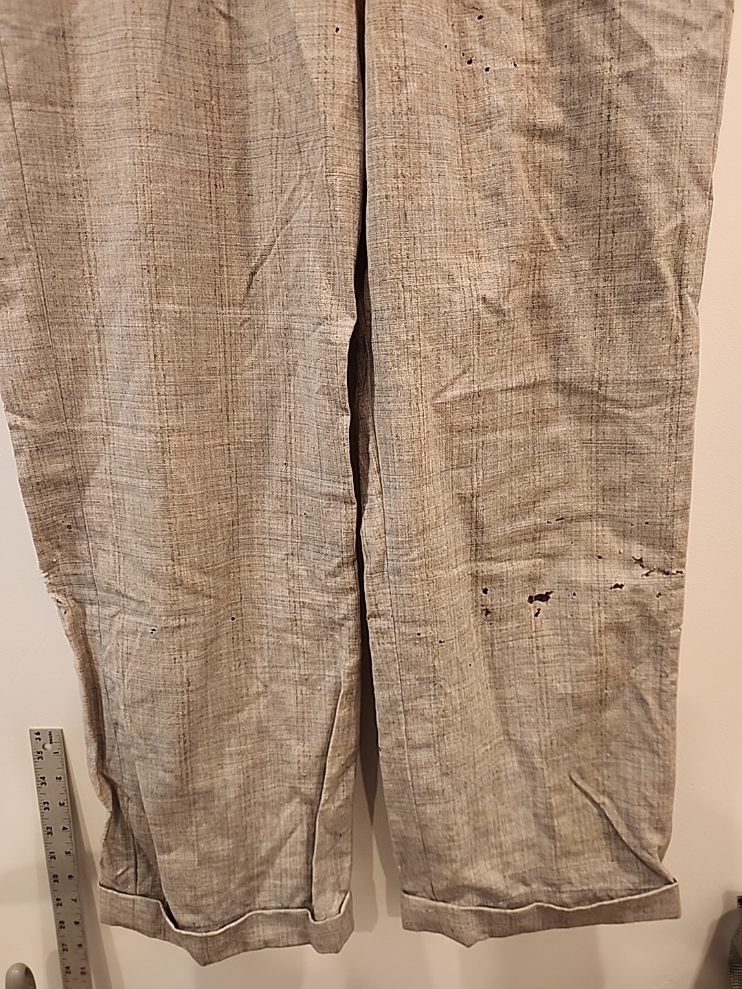 vintage gray/blue plaid 40’s 50’s pants lightweight 30 1/2″ w 28″L damaged
