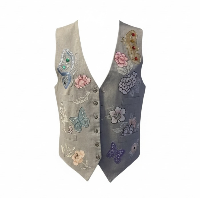 NWOT Vintage Light gray Hand Painted Vest Butterfly Daisies M/L