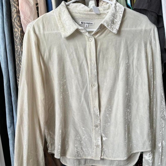 Reformation Cream Velvet Cropped Blouse Oversized Button Up Soft Feminine