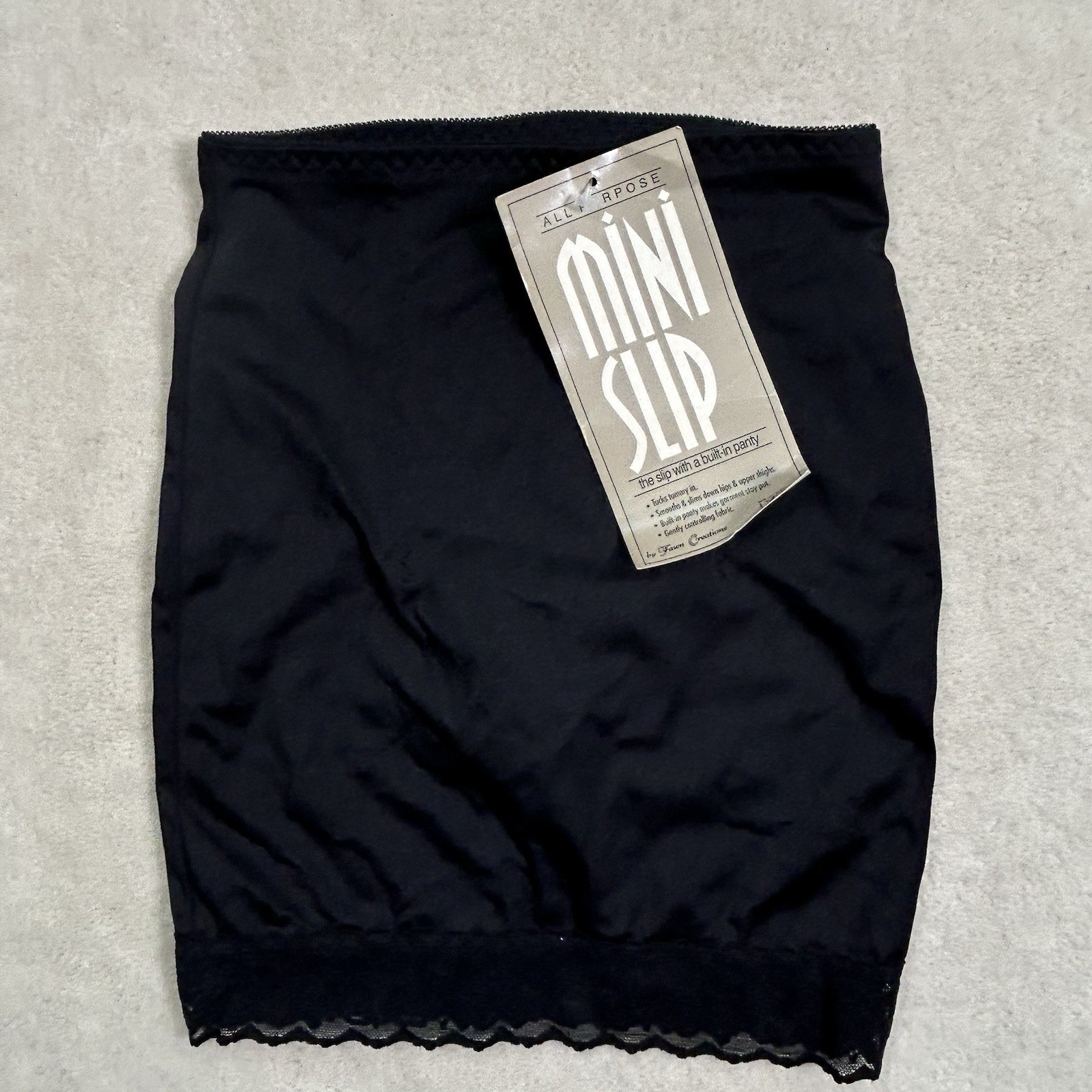 Vtg Fawn Creations Mini Slip Attached Panty Nylon Mesh Black Slimming Shaping M