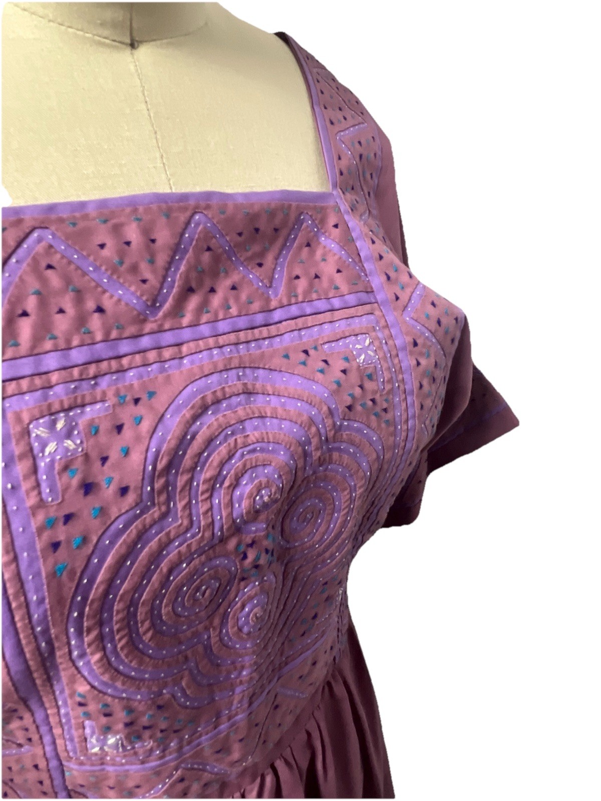 Vintage Folk Art 70s Dress Purple Quilted Tie Waist Maxi Midi Boho Caftan Cotton