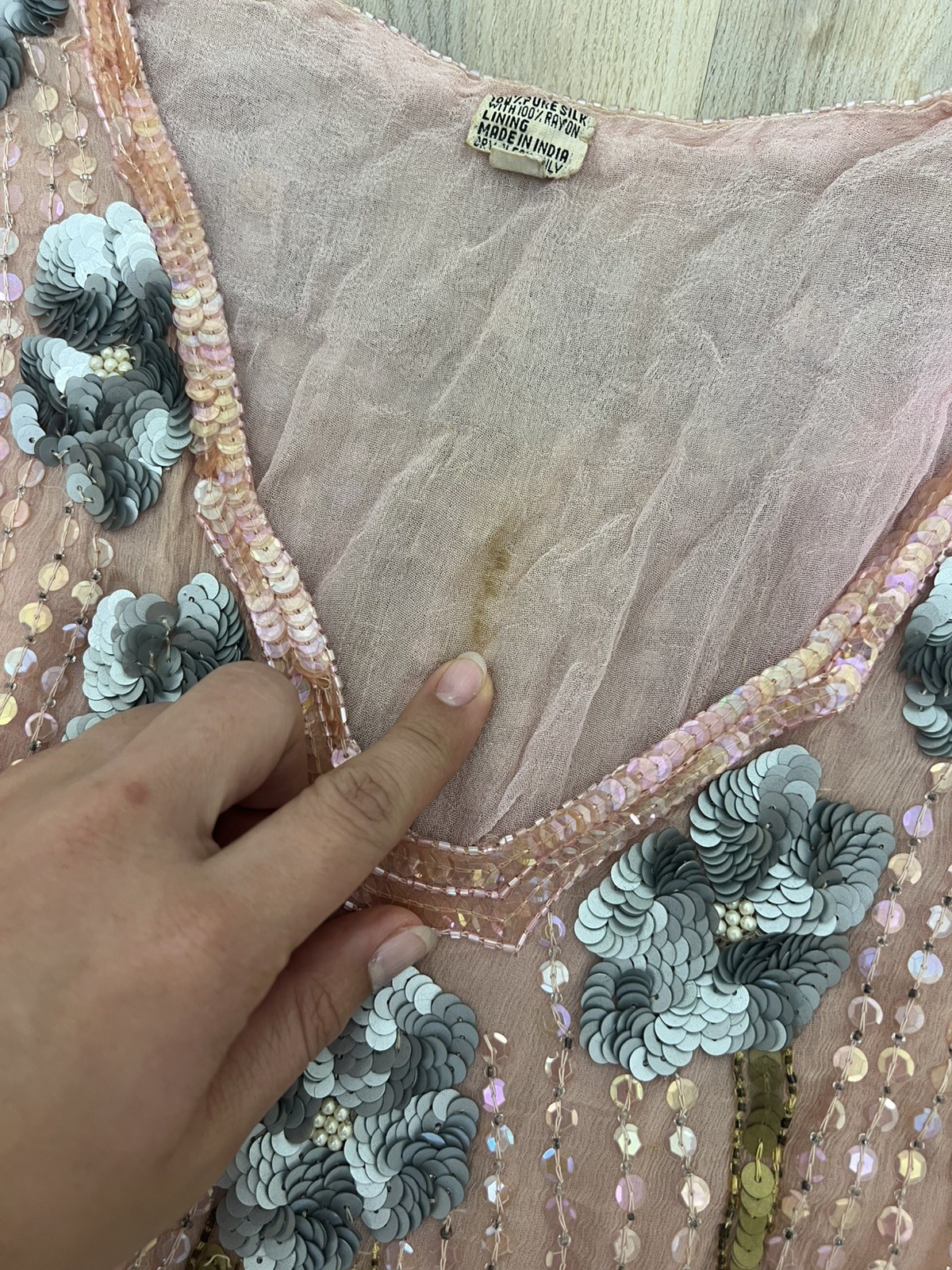 FLAPPER 1920’S GELATIN SEQUIN + BEAD BLUSH PINK SILK DRESS MADE IN INDIA LARGE