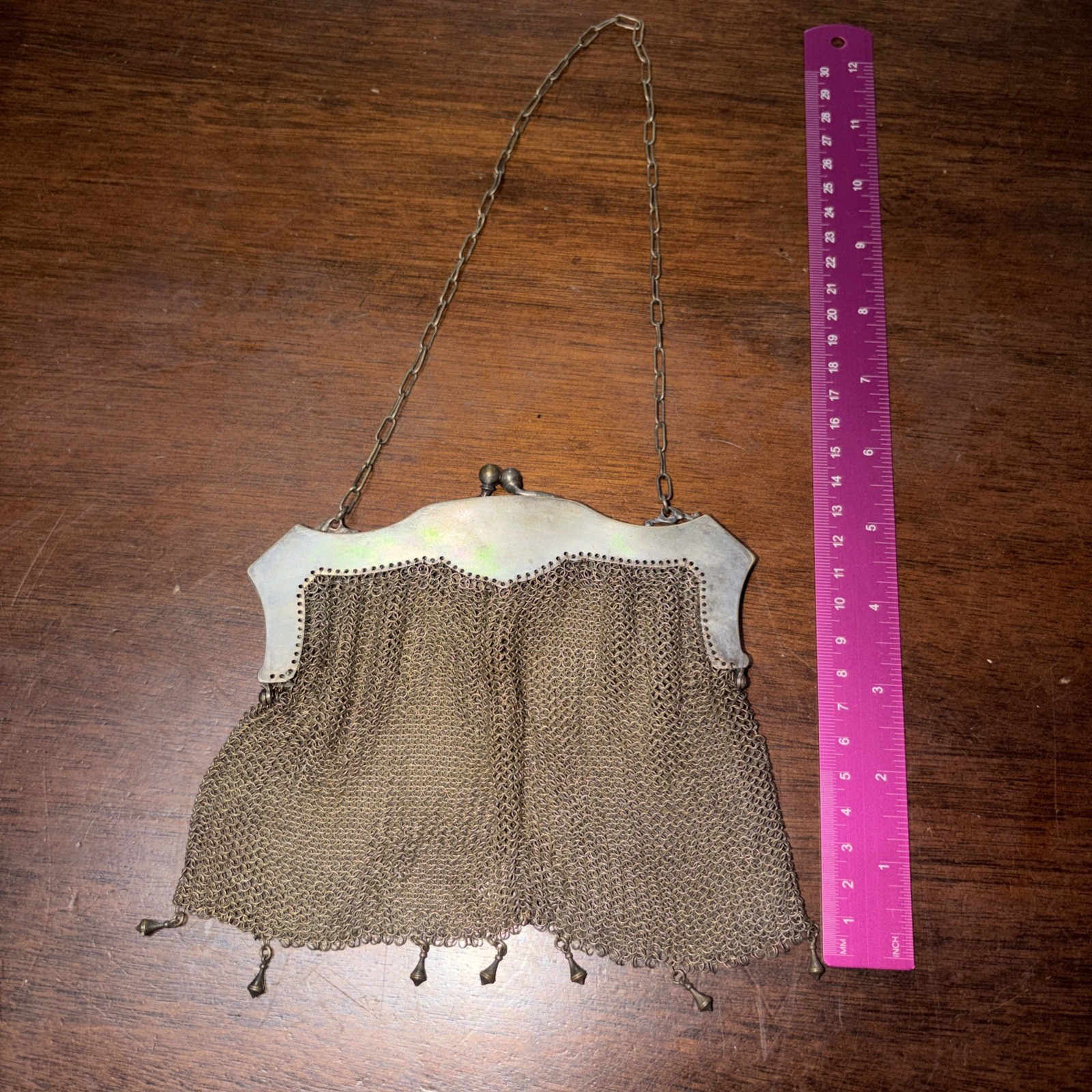 Antique Art Nouveau German Silver Mesh Chain Link Mail Purse Clutch Evening Bag