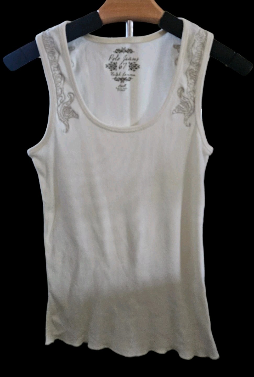 VTG Polo Jeans Co Ralph Lauren Tank Top Small Embellished Off White Faint Stain