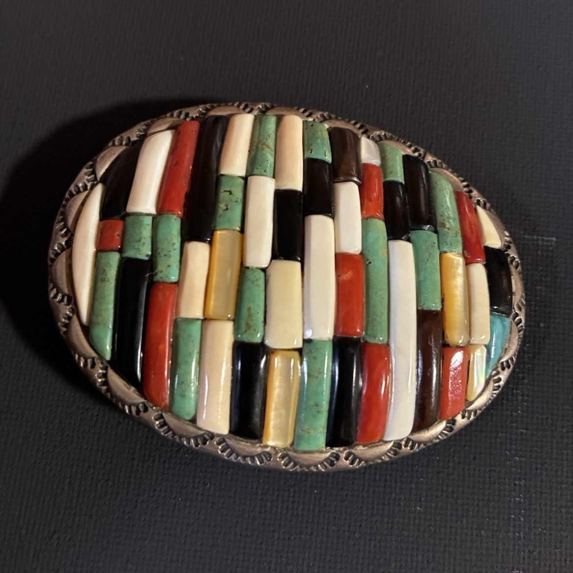 Native American Sterling Silver Turquoise Coral Jet Inlay Belt Buckle AH IHMSS