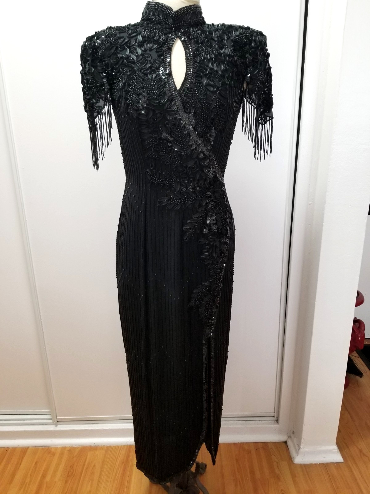 1970s Black Beaded Silk short sleeve cocktail gown