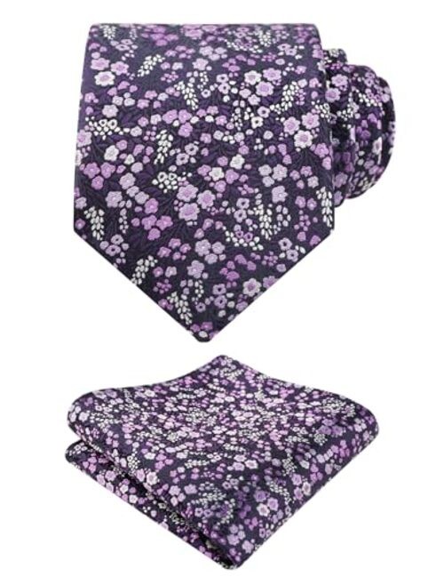 Mens 3.15inches Floral Tie with Flower Printed Handkerchief 142-purple+white