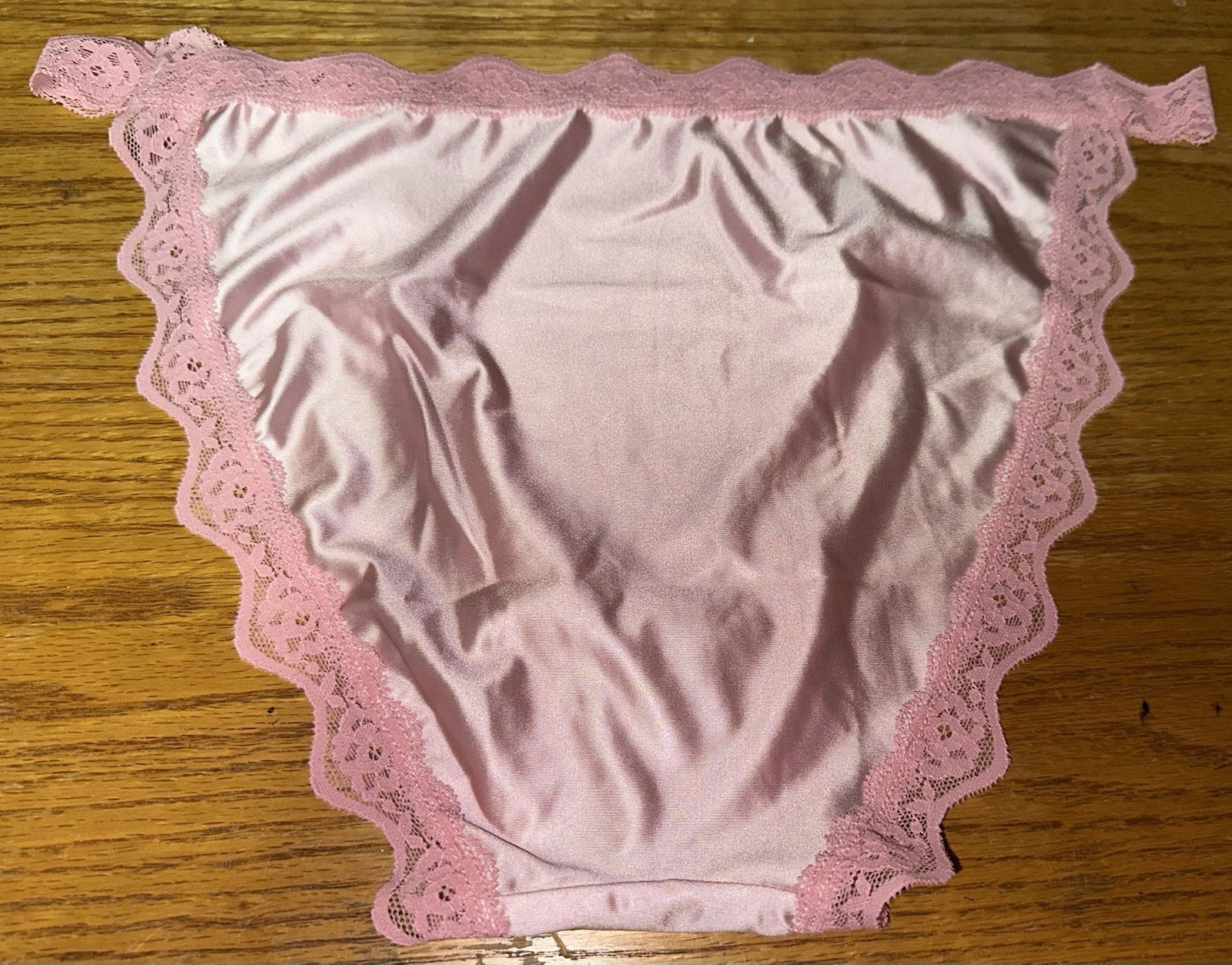 Glossy Pink 2nd Skin Satin & Lace Buttery Soft String Bikini Pantie XL NEW