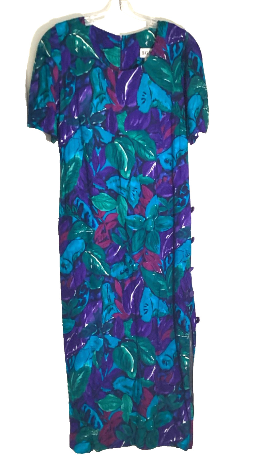 Vintage 80s 90s BGB Maxi Dress Vibrant Blue Green Purple Tropical Shoulder Pads