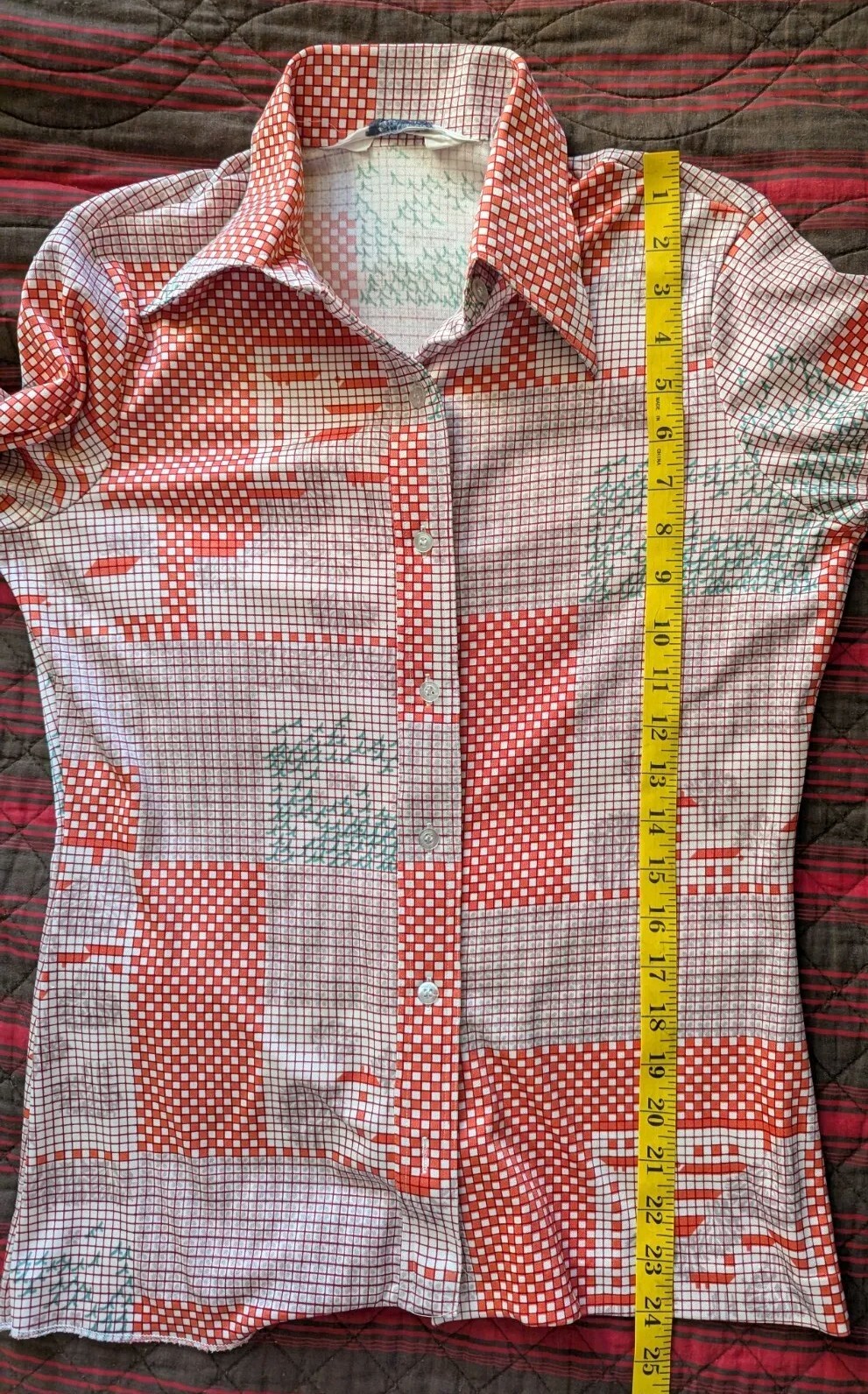 Vintage 1970s Hooper Associates Red Gray Graph Print Shirt M
