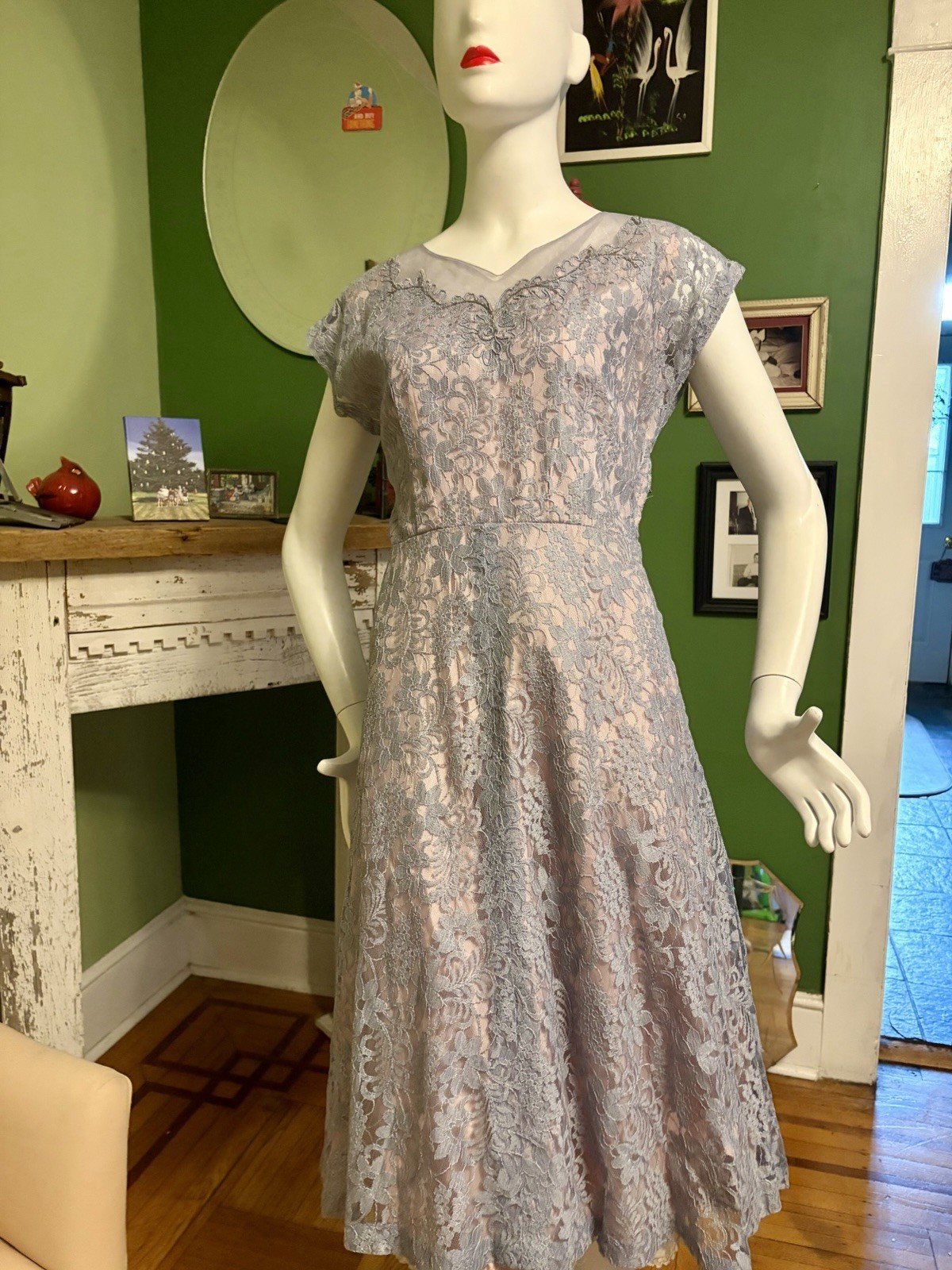 Vtg 1940s 1950s Taffeta Lace Netting Rhinestone Ice Blue Party Dress L XL 42