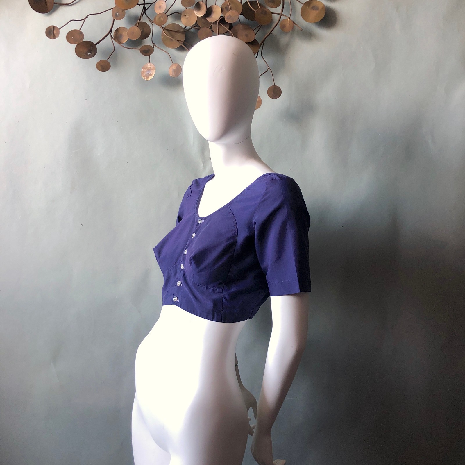Vintage 1950s Blue Crop Top Playsuit Top Busty Midriff Sexy Rockabilly 38 Bust
