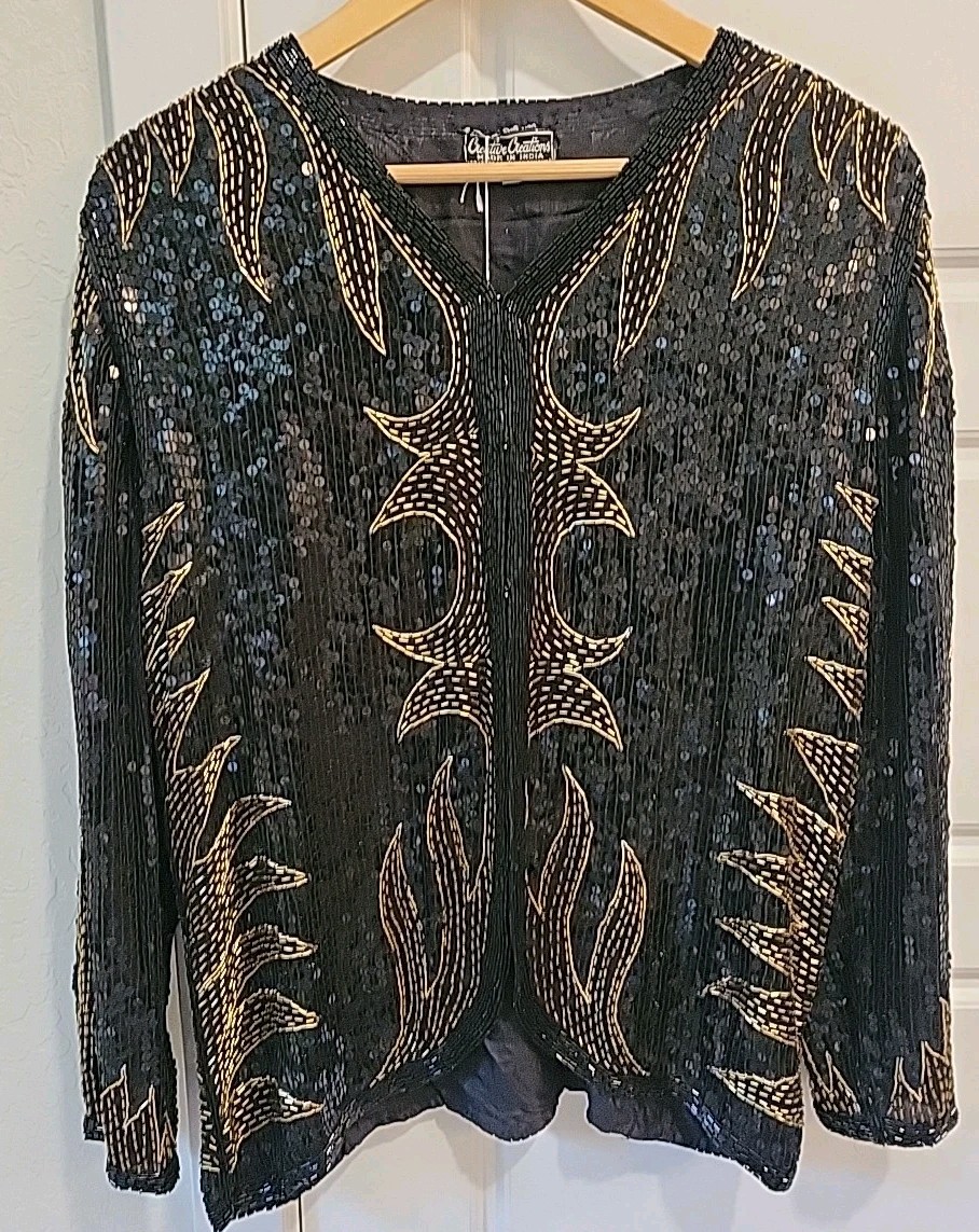 NWT silk VTG Creative Creations Beaded Sequin Deco Glamour Shirt Jacket Gold