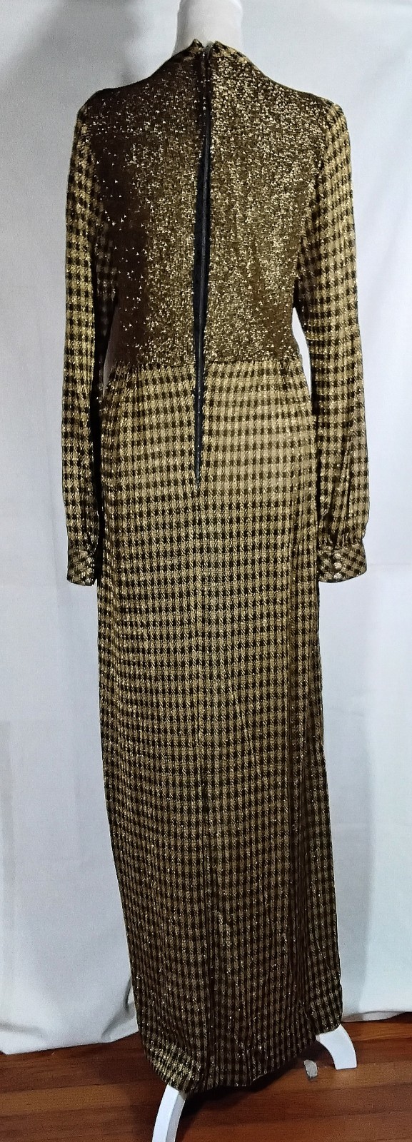 Vtg 60s 70s Tannel Knits Gold & Black Maxi Dress Long Sleeves Sz 12 USA