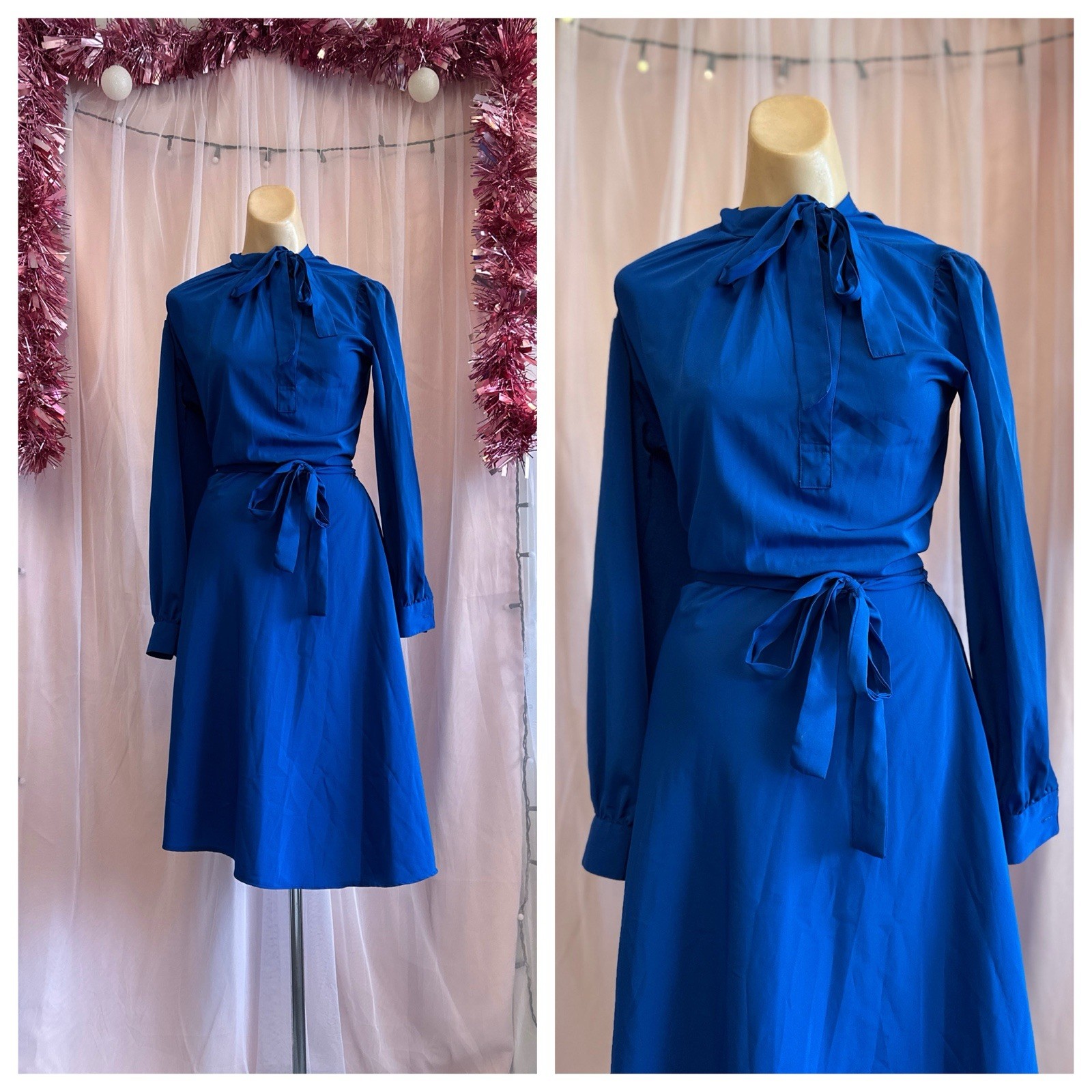 Vintage 70s 80s Blue Secretary Knee Length Dress Blouson Retro Long Sleeves M/L