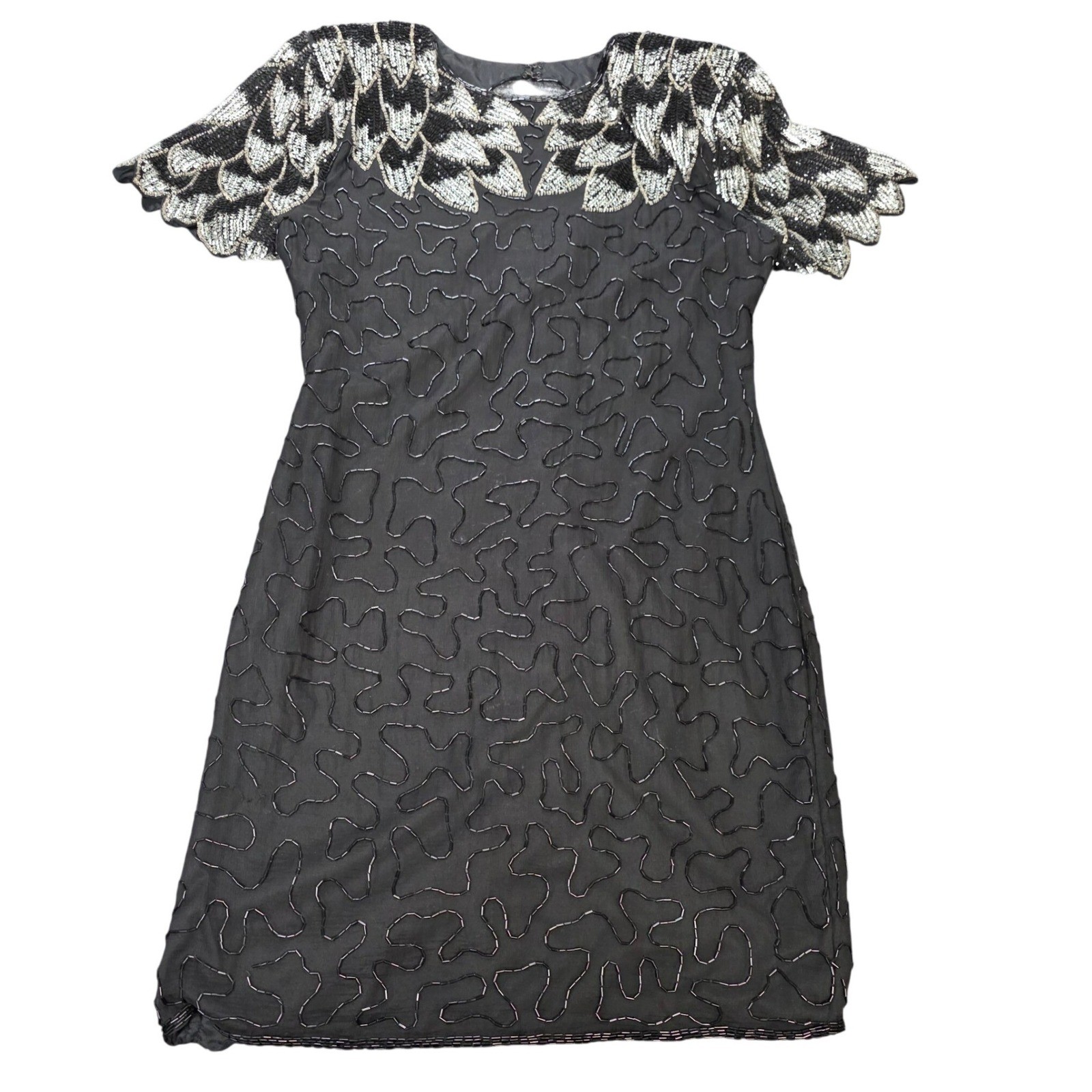 Vintage Silky Nites by Cherish Black Beaded Sequin Cocktail Dress Size PM Silk